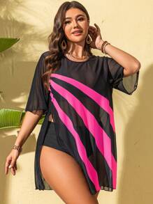 Swim Lushoire Váy lưới trùm đầu cổ tròn kẻ sọc cỡ lớn cho nữ - Màu Hồng Tươi - Xem 3