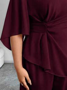 Elenzga Bộ 2 món thanh lịch cho nữ cỡ lớn áo cánh xếp ly tay dài và quần ống rộng - Màu Đỏ Sâu - Xem 4