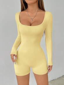 SHEIN PETITE Women Casual Solid Square Neck Unitard Romper - Yellow - View 5