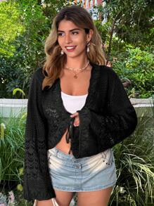 Flirla Áo khoác cardigan ngắn thắt nơ thời trang cỡ lớn màu trơn, áo choàng đi biển lưới móc, tay chuông - màu đen - Xem 4