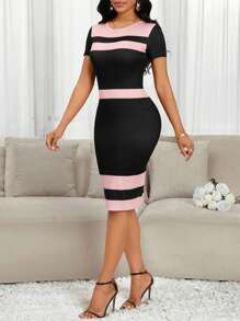 SHEIN Lady Spring/Summer Elegant Dresses For Women Wedding Guest Dress Birthday Summer Outfits Vacation Short Sleeve Black Pink Stripe Design Pattern - Pink - View 6