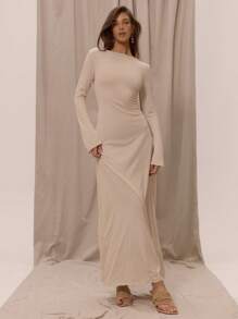 MUSERA 优雅波西米亚浪漫船领宽松长款喇叭袖连衣裙，适合春夏季度假海滩装扮，伊比沙岛婚礼之夜新娘单身派对告别单身派对婚礼长裙毕业舞会 - 奶油色 - 查看 4