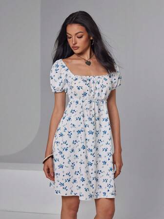 Roylia French Twist Collar Printed Back Tie Decor Women Mini Dress