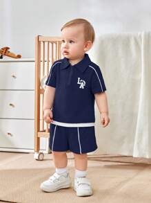 Cozy Pixies 2pcs/Set Baby Boy Color Block Polo Collar Short Sleeve Top And Elastic Waist Shorts Set