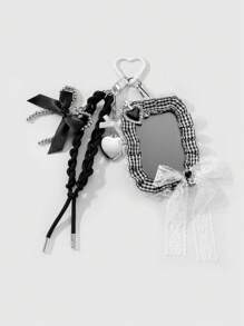 ROMWE Kawaii 1pc Y2K Retro Gothic Fashion Handcrafted Beaded Silver CCB Dripping Oil Heart Lace Bow Plaid Lanyard ID Card Holder DIY Keychain Bag Pendant, Suitable For Office Workers, Students, Daily Wear And Gifts