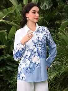 Modelyn 女士度假休闲撞色花卉印花衬衫 - 藍色 - 查看 4