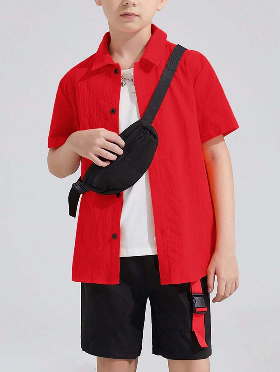 SHEIN 青少年男孩 3 件套:休闲舒适衬衫 + 短裤 + 背心 - 紅色 - 查看 1