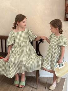 LMoss Kids LMoss   Young Girl Woven Plaid Square Neck Puff Sleeve Fitted Dress,Sisters Outfit,3D Bow Decor,Casual Dress Unique Dresses For Girls    Girls Summer Dresses Spring Dresses For Girls Summer Clothes For Girls Spring Girl Clothes