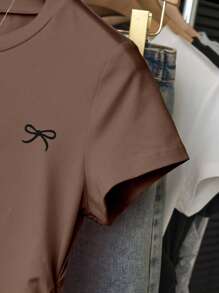 3pcs Teen Girls' Casual Minimalist Black Bow Print Waist Short Sleeve T-Shirt Set - Multicolor - View 6