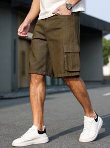 Manfinity Homme 男士纯色牛仔短裤，夏季时尚 - 橄欖綠 - 查看 1
