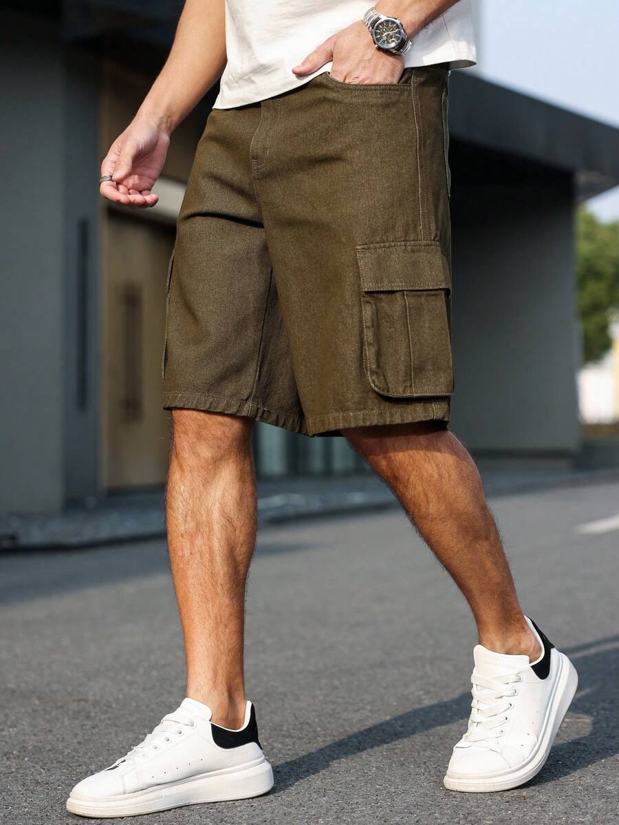 Manfinity Homme 男士纯色牛仔短裤，夏季时尚 - 橄欖綠 - 查看 1