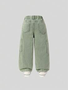 SHEIN Young Girl Adjustable Waist Sweet Floral Embroidered Pockets Loose & Comfortable Straight Leg Denim Long Pants, Light Blue, School, Campus, College - Green - View 2