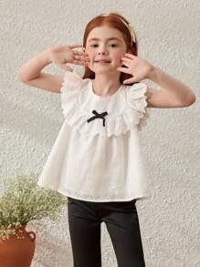SHEIN Young Girls French Elegant Ruffle Detail White Round Neck Blouse, Spring/Summer - White - View 7