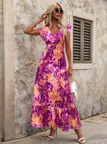 SHEIN Clasi Dopamine Inspired Orange Floral Vacation Summer Dress - Purple - View 5