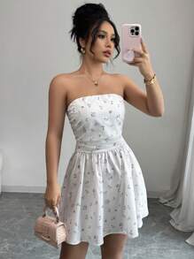 Elenzga Women's Ditsy Floral Ruffle Bandeau Short Holiday Dress