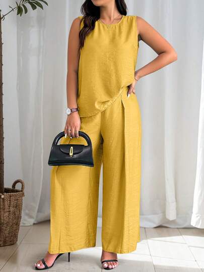 2pcs Plus Size Women Solid Color Sleeveless Blouse And Pants Set