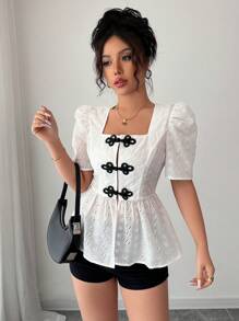 Elenzga Blusa de verano con mangas cortas, cuello en V, textura semitransparente, estilo abotonado en la cintura y silueta en línea "A", elegante y delicada, de algodón