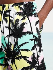 Surfspeed Men's Palm Tree Print Drawstring Waist Beach Shorts - Red - View 5