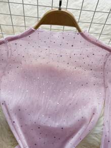 SHEIN Clasi 女款透視亮片網紗長袖上衣 - 淡紫色 - 查看 3
