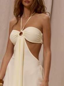 MUSERA 露背吊带抹胸O形环细节超阔腿连体裤度假波西米亚西部风春夏度假沙滩装优雅伊比沙岛假日婚礼宾客约会之夜性感 - 黃色 - 查看 5