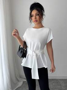 Elenzga Blusa donna primaverile/estiva, design di nicchia minimalista, con collo tondo, maniche a campana, vita stretta e effetto snellente