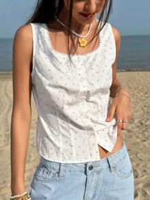 SHEIN Bubbli 女士度假休闲碎花纽扣前背心 - 米色 - 查看 3