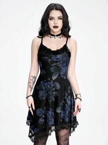 ROMWE Goth Women Rose Full Print Asymmetric Hem Lace Patchwork Slip Dress - Blue - View 1