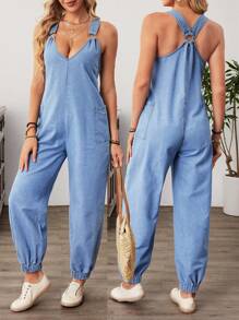 Breezaya 女士口袋休闲牛仔连身裤 - 藍色 - 查看 2