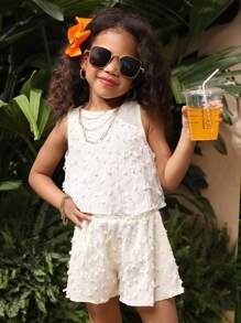 SHEIN 2pcs/Set Young Girl Solid Color Sleeveless Round Neck Blouse And Shorts - White - View 1