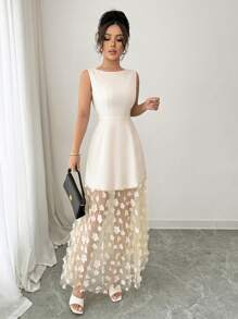 Lyxana New Women's Sleeveless 3D Floral Mesh Patchwork Woven Fabric Wedding Guest Dress - Lightweight, Youthful, Versatile, Elegant, Sophisticated - Apricot - View 4