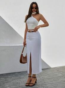 Letter Patched Split Thigh Denim Skirt