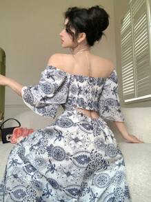 DAZY Elegant Boho Retro Style Blue & White Porcelain Floral Off Shoulder Midi Dress For Women, Summer Vacation Outfits Women - Blue - View 7