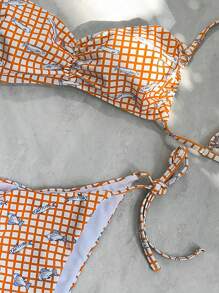 SHEIN Swim Bikini a bretelle con stampa a quadri e di animali, in stile girly