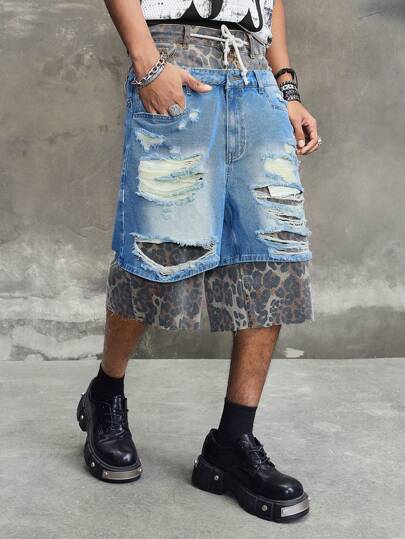 Men's Grunge Simple Style Casual Denim Shorts, Suitable For Summer