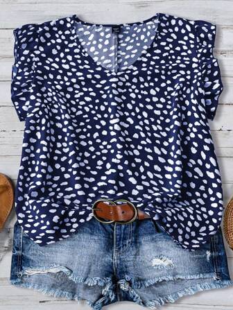 SHEIN CURVE+ 大码女式 V 领盖袖休闲假日衬衫