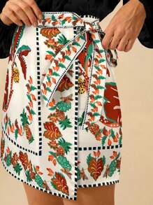 CAJUNI Damen tropischer Boho Kokosbaum, Ananas, Azalee Muster, Wickel Schnürrock, Urlaub Lässig Strand Sommer Mini Rock