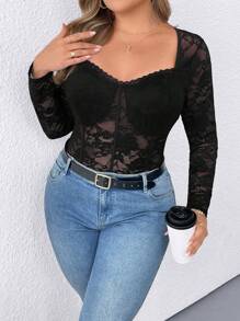 SHEIN Clasi 女式大码优雅蕾丝紧身衣 - 黑色 - 查看 6