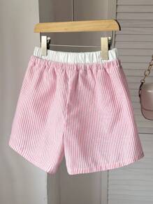 SHEIN Tween Girls' Loose Casual Patchwork Colorblock Waistband Striped Relaxed Shorts - Baby Pink - View 2