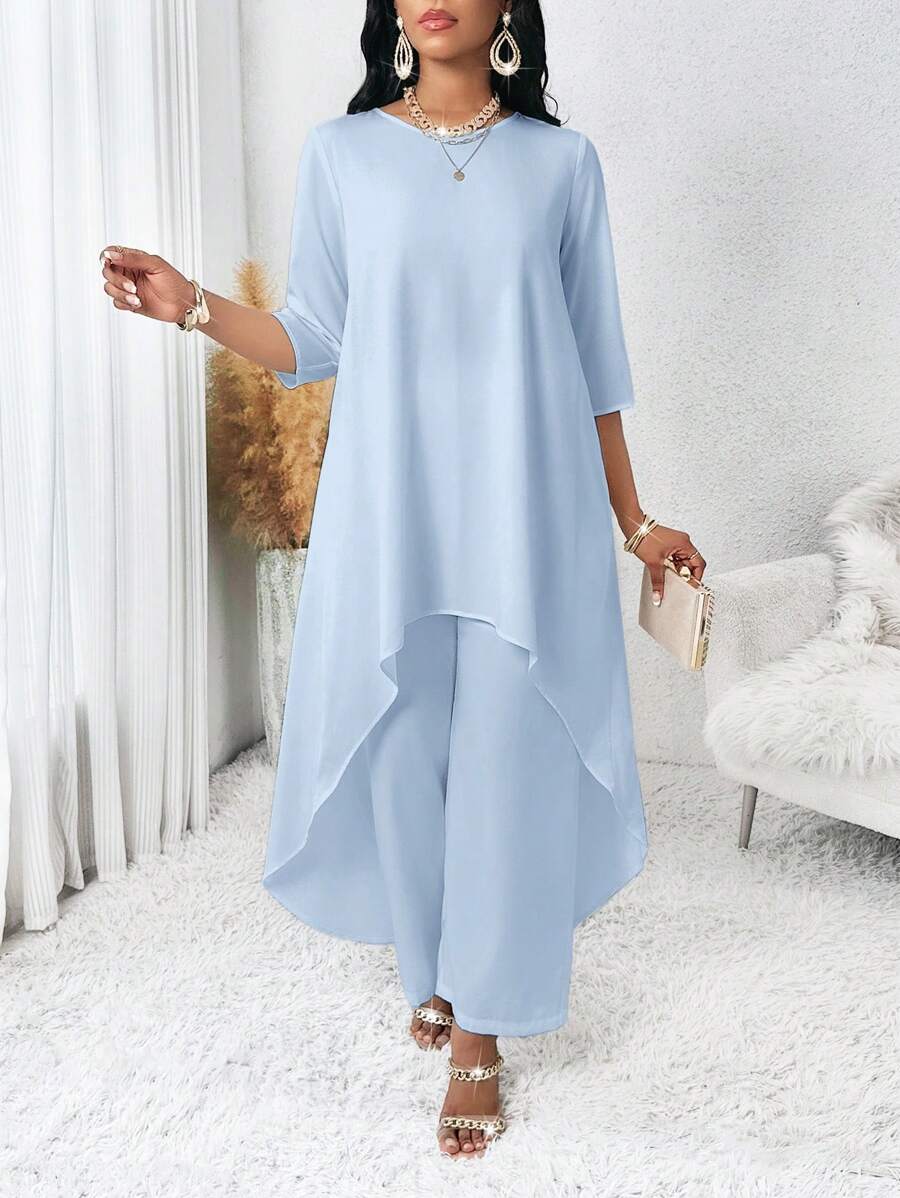 SHEIN Lady 春夏秋季优雅编织圆领飘逸不对称七分袖长袖上衣和裤子大码套装 - 淺藍色 - 查看 1