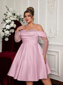 Glamrae Plus Size Elegant & Luxurious Long Sleeve Heart Collar Sequins Patchwork A-Line Bridal Satin Wedding Gown, Bridal Party Gift, Wedding Dress, Bride - Pink - View 6