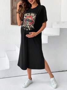 SHEIN Maternity Letter & Lip Print Round Neck Short Sleeve Casual T-Shirt Dress - Black - View 8