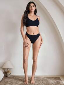 Ocili Leisure Seamless Solid Color Textured Women Camisole Bra And Thong Lingerie Set - Black - View 10
