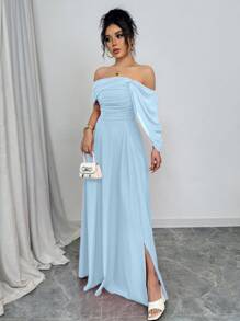 Rafferiza Vestido con hombros descubiertos, cuello fruncido, cintura retorcida y volantes - Azul - Ver 6