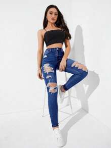 High Waist Ripped Skinny Jeans Ripped Jeans - Medium Wash - View 4