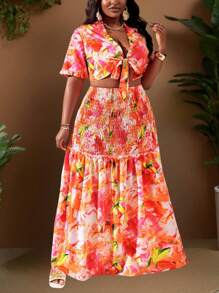 Slaydiva Plus Size Vacation & Party & Elegant Sexy 2pcs Set: Fitted Short Sleeve Shirred Tie-Knot Ruffle Patchwork Top And Long Layered Ruffle Hem Skirt, Summer - Multicolor - View 2