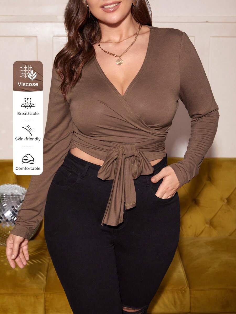 SHEIN Privé Plus Wrap Knot Front Crop Top - Mocha Brown - View 1
