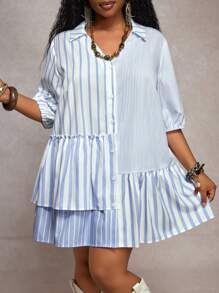 Slaydiva 2025 New Spring/Summer Plus Size Women Loose Blouse V-Neck Striped Patchwork 3/4 Lantern Sleeve Double Ruffle Hem Long Top - Blue - View 4