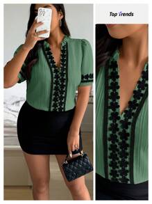 Calvaya Plus Size Casual Color Block Ruffle Cutout Collar Puff Sleeve Shirt - Dark Green - View 1