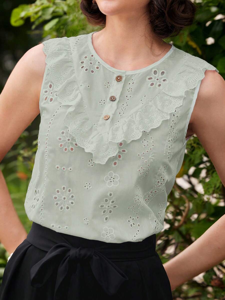 Vintamour 复古休闲度假女式白色蕾丝边衬衫，春夏外出上衣 Cottagecore 女式上衣圆领度假女式夏季抹胸女式度假夏季上衣节日 1960 年代母亲节夏季上衣节日教师