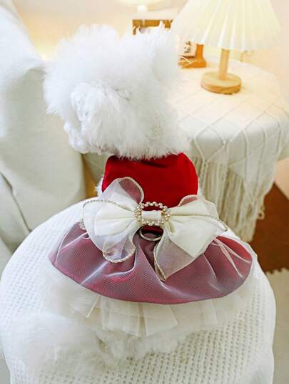 1 件装宠物服装猫咪春夏红色背心蝴蝶结公主裙牵引扣适合中小型犬